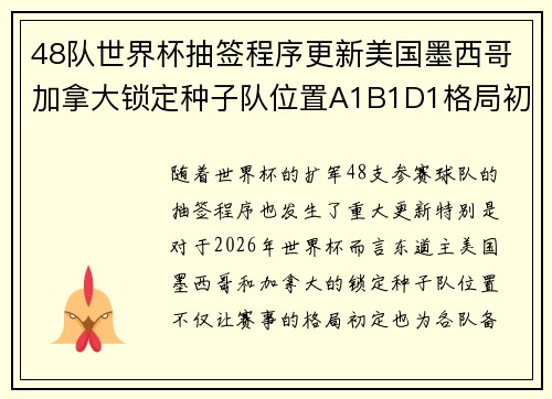 48队世界杯抽签程序更新美国墨西哥加拿大锁定种子队位置A1B1D1格局初定